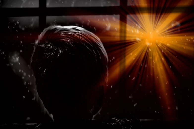 a black and white photo of a person looking out a window, digital art, by Hristofor Zhefarovich, digital art, sparkles and sun rays, orange light, light over boy, epiphany