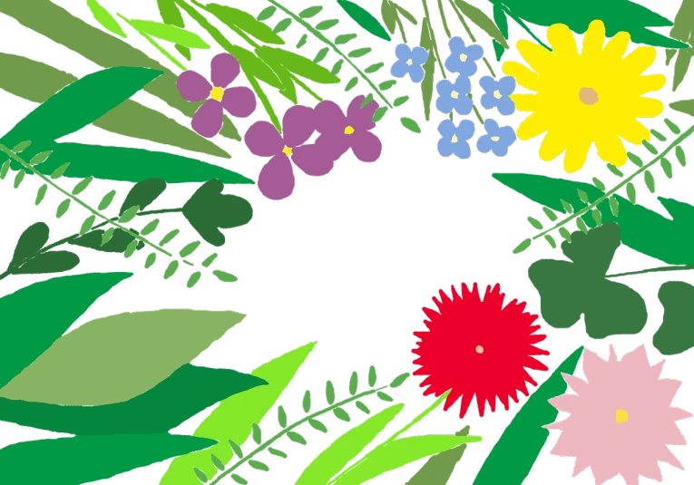 a circle of flowers and leaves on a black background, a cartoon, by Asai Chū, naive art, flower garden summer morning, thick jungle, colorful]”, start