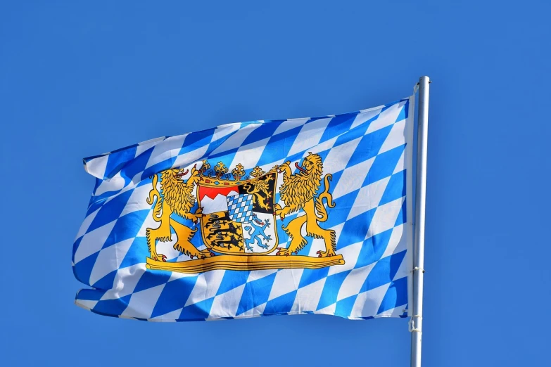 a blue and white flag with a coat of arms on it, a picture, by Werner Gutzeit, pixabay, berlin secession, octoberfest poster, ultra wide-shot, mathematical, cover shot