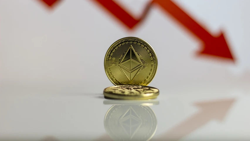 a gold coin sitting on top of a glass table, a picture, by Emma Andijewska, 3 d of the ethereum symbol, charts, official product photo, crash