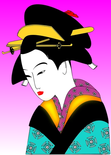 a close up of a person wearing a hat, a digital painting, inspired by Uemura Shōen, flickr, ukiyo-e, no gradients, samurai portrait photo, colorfull illustration, skilled geisha of the japanese