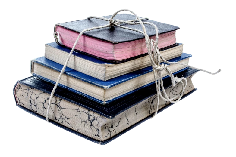 a stack of books sitting on top of each other, a portrait, by Dietmar Damerau, pixabay, blue and pink colors, old artbook, on black background, stringy