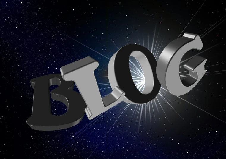 a 3d image of the word blog surrounded by stars, by Bob Ringwood, trending on pixabay, happening, black and silver, portal in space, banner, solar