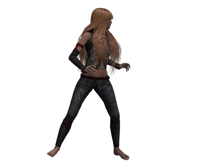 a woman standing with her hands on her hips, a 3D render, digital art, violent zombie dance, with long blond hair, blue jeans. unreal 5, mma southpaw stance