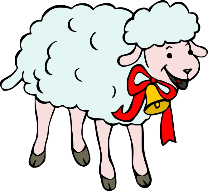 a cartoon sheep with a bell around its neck, an illustration of, inspired by Masamitsu Ōta, pixabay, mingei, ribbon, walk, full color illustration, from a movie scene
