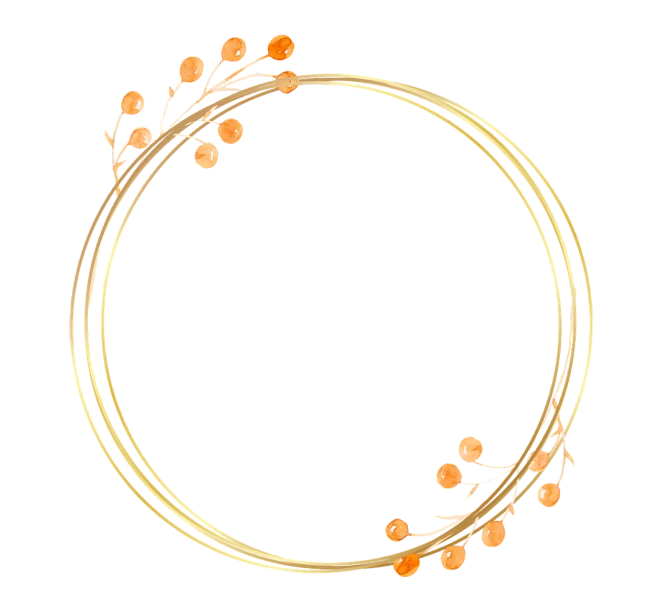 a gold wreath with orange berries on a black background, a digital rendering, art deco, golden ratio jewelry, willowy frame, round background, trio