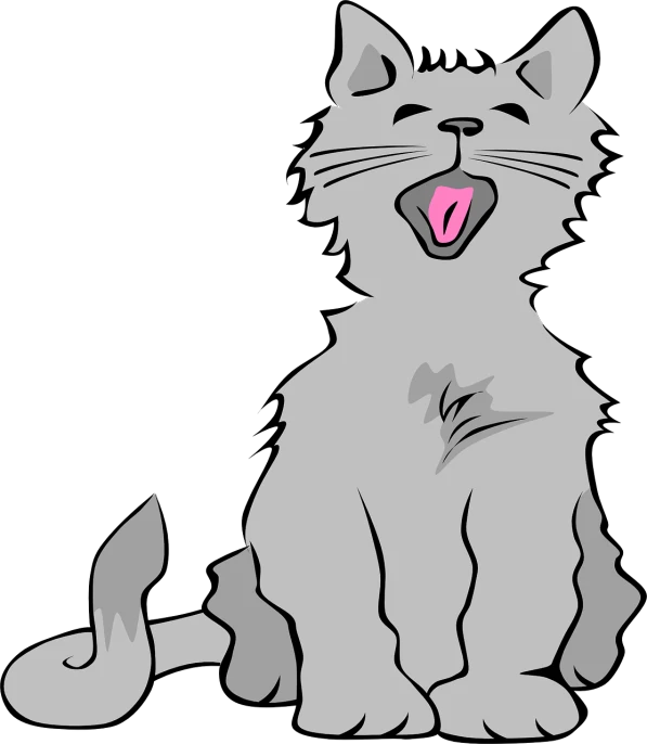 a cat that is sitting down with its mouth open, vector art, pixabay, silver haired, the background is black, he is very happy, colored accurately