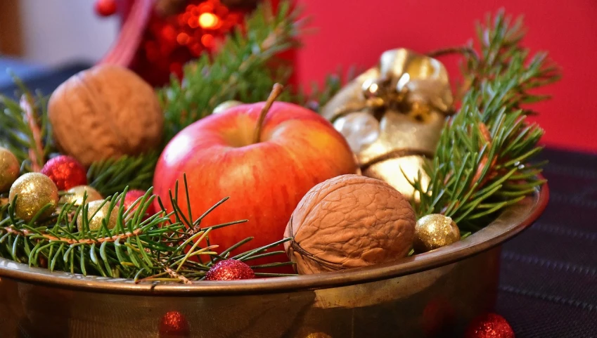 a close up of a bowl of food on a table, inspired by Ernest William Christmas, pixabay, apple tree, nut, ornament, wallpaper - 1 0 2 4