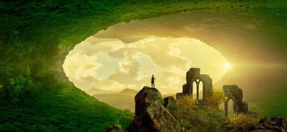 a man standing on top of a lush green hillside, a matte painting, inspired by Maxfield Parrish, fantasy art, epic vista of old ruins, hq 4k phone wallpaper, stone gate to the dark cave, android girl in egyptian ruins