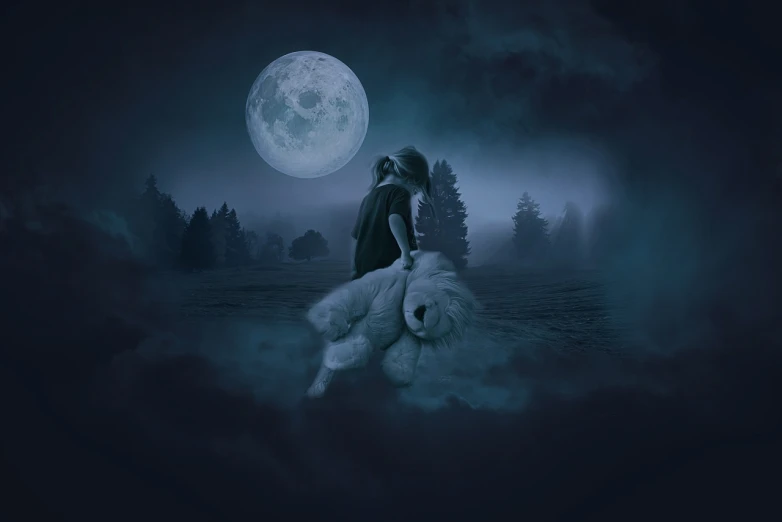 a woman riding on the back of a horse under a full moon, a picture, inspired by Alexander Jansson, romanticism, the man riding is on the lion, he holds her while she sleeps, edited in photoshop, soft blue moonlight