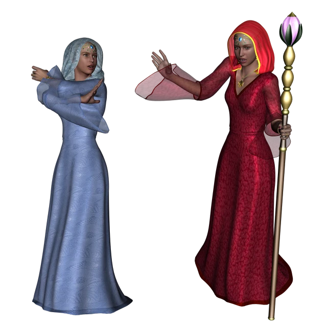 a couple of women standing next to each other, a raytraced image, inspired by Master of the Legend of Saint Lucy, fantasy art, wizard casting a spell, high resolution and detail, in long red or blue dresses, high res render