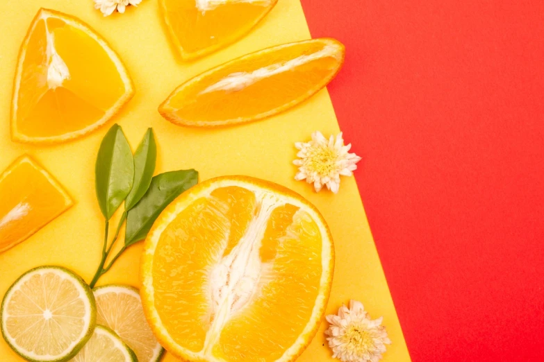 sliced oranges, limes, and flowers on a yellow and red background, by Andrée Ruellan, shutterstock contest winner, process art, 🤬 🤮 💕 🎀, 🦩🪐🐞👩🏻🦳, crisp photo, spring theme