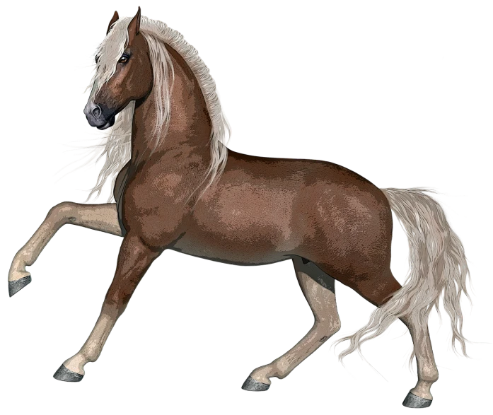 a close up of a horse on a black background, a digital rendering, inspired by John Frederick Herring, Jr., renaissance, cel shaded!!!, brown tail, with white long hair, horse is up on its hind legs