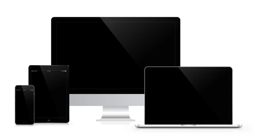 a group of electronic devices sitting next to each other, shutterstock, computer art, black color on white background, elegant clean design, large screen, black and silver