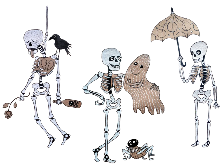 a group of skeletons standing next to each other, inspired by Edward Gorey, folk art, on black paper, highly detailed and colored, persian folkore illustration, patio