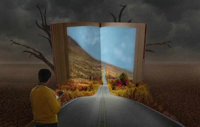 a man standing in front of an open book, digital art, pixabay contest winner, magic realism, road, 3d collage, photorealistic magazine picture, big open book