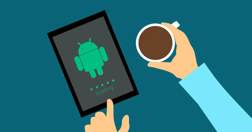 a person holding a tablet next to a cup of coffee, by Android Jones, flat icon, 😃😀😄☺🙃😉😗, android phones, love os begin of all