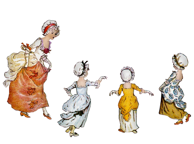 a group of dolls standing next to each other, a digital rendering, inspired by Thomas Rowlandson, flickr, rococo, dancing a jig, with a black background, eugene grasset, loosely cropped