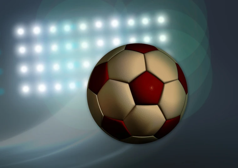 a soccer ball sitting on top of a field, a digital rendering, by Aleksander Gierymski, shutterstock, digital art, spot lights, maroon, closeup!!!!!!, concert