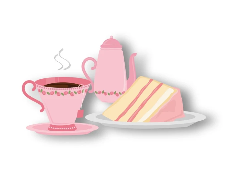 a piece of cake and a cup of coffee, a pastel, vectorised, tea party, (pink colors), set against a white background