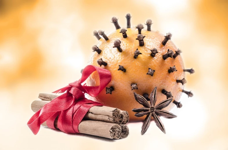 an orange sitting on top of a pile of cinnamon sticks, a digital rendering, beauty is a virus, ribbon, spikes on the body, istock