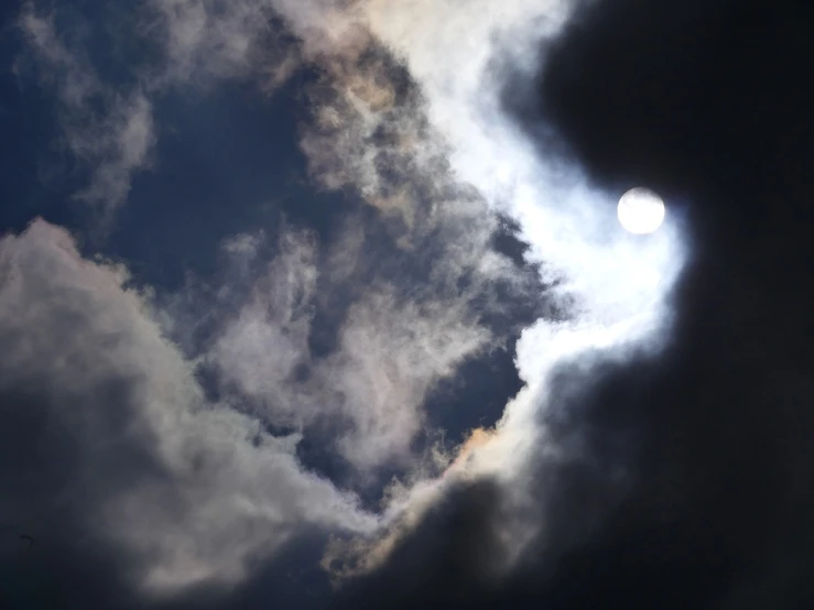 the sun is shining through the clouds in the sky, inspired by Jan Rustem, white moon and black background, smoke in sky, seen from below, difraction from back light