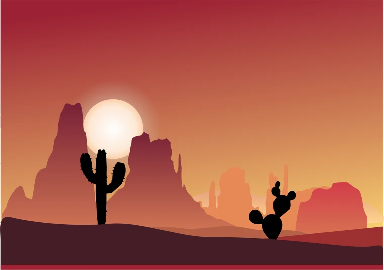 a desert scene with a cactus in the foreground, inspired by Clint Cearley, shutterstock, vector design, siluettes, environment design illustration, a beautiful artwork illustration