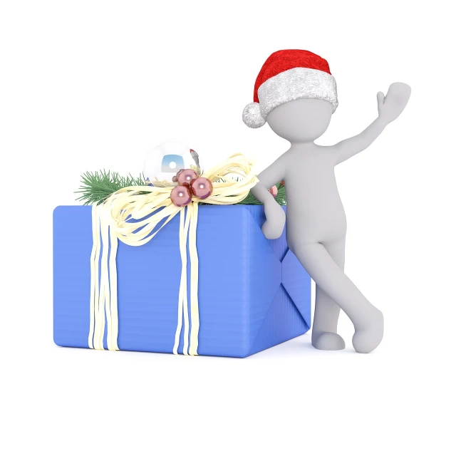 a person in a santa hat standing next to a blue gift box, a stock photo, figuration libre, smoth 3d illustration