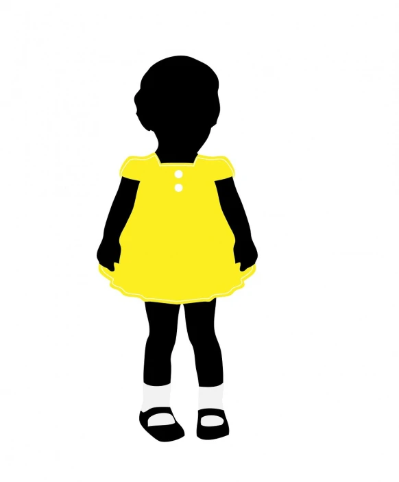 a silhouette of a little girl in a yellow dress, a picture, the dress\'s lower, full - body - front - shot, one black, short person