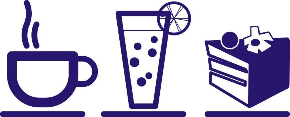 a cup of coffee, a slice of cake, and a slice of cake, pixabay, pop art, iced tea glass, purple neon, [ bubbles, online casino logo