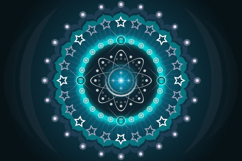 a blue and white circular design on a black background, vector art, shutterstock, digital art, spiritual science, atomic stars, symmetrical tarot illustration, floating symbols and crystals