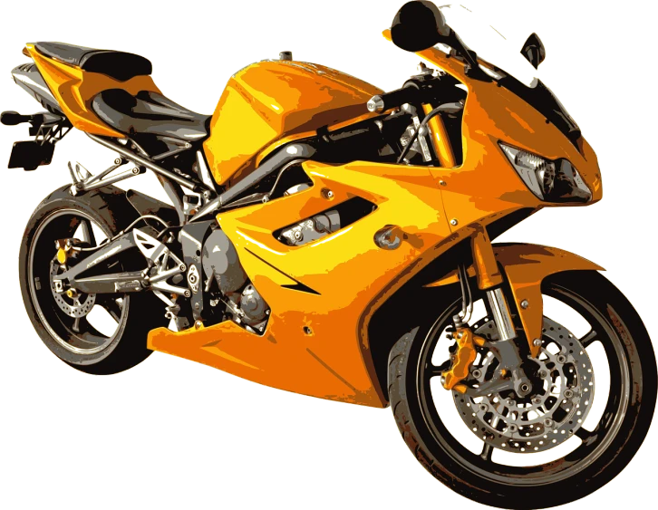 a close up of a motorcycle on a black background, vector art, inspired by Brian Dunlop, photorealism, orange yellow, posterized, yellow mech, r6