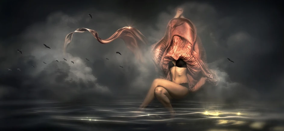 a woman sitting on top of a body of water, digital art, inspired by Anna Füssli, spirits covered in drapery, daz3d, dark surrealist, cervix awakening