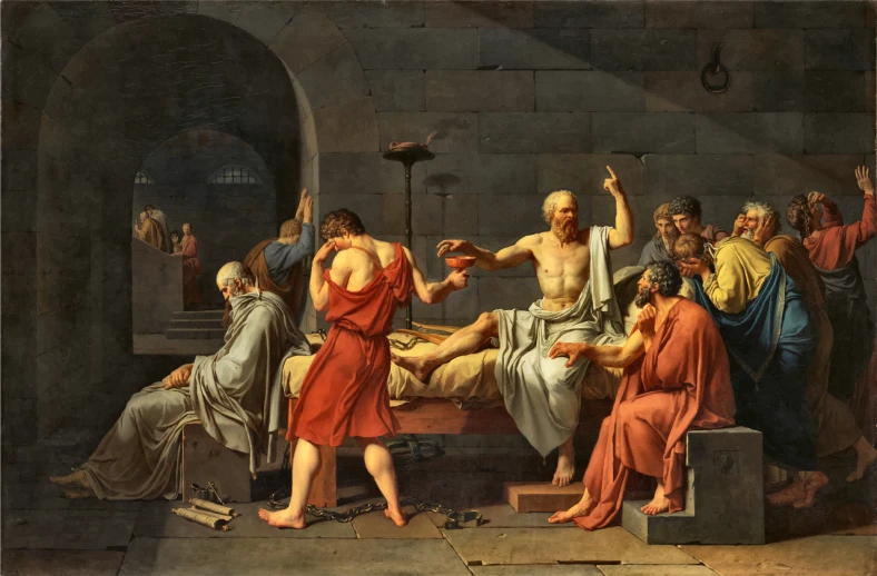 a painting of a group of people in a room, a renaissance painting, by Jacques-Louis David, shutterstock, brain in a vat, greece, grey robes, karl marx