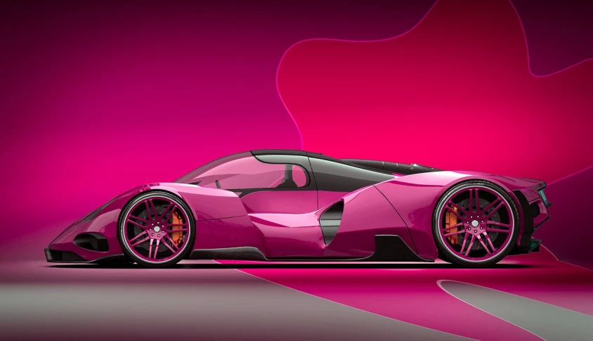 a pink sports car on a pink background, inspired by Harry Haenigsen, trending on polycount, conceptual art, hyperbeast design, ferrari, side perspective, streamlined pink armor