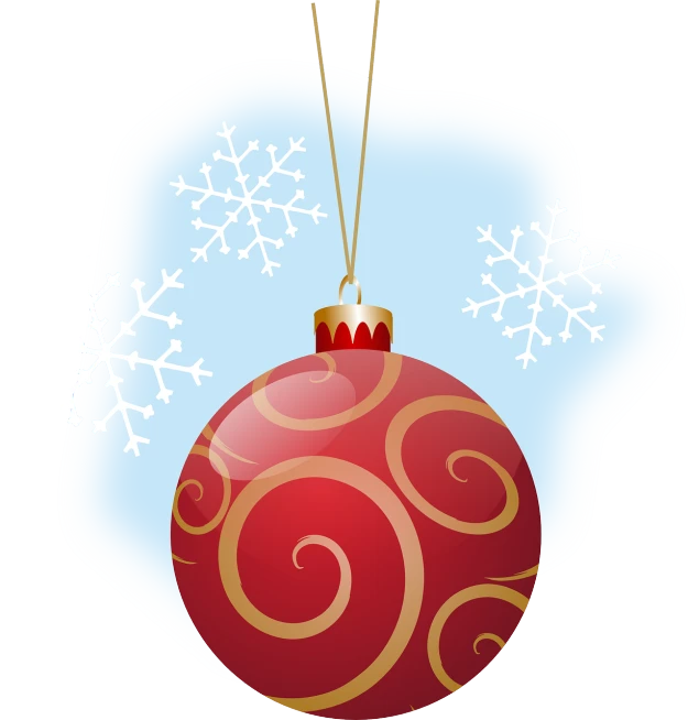 a red and gold christmas ornament with snowflakes in the background, a digital rendering, inspired by Rudolph F. Ingerle, glass ball at the waist, simple shading, hanging, with a blue background