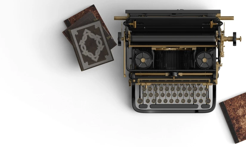 a typewriter sitting on top of a table next to a book, by Jan Kupecký, polycount contest winner, conceptual art, viewed from above, detailed mechanical design, replica model, elegant render