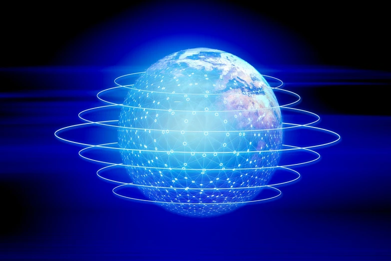 a computer generated image of a blue planet, a hologram, holography, fiber optic network, stock photo, grid and web, journalism photo