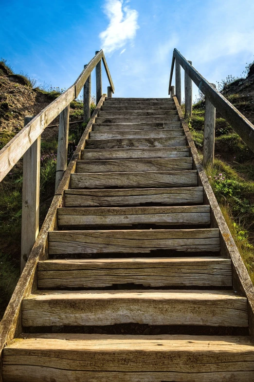 a set of wooden stairs going up a hill, by Richard Carline, low angle photography, coast, highly detailed photo, in the sun