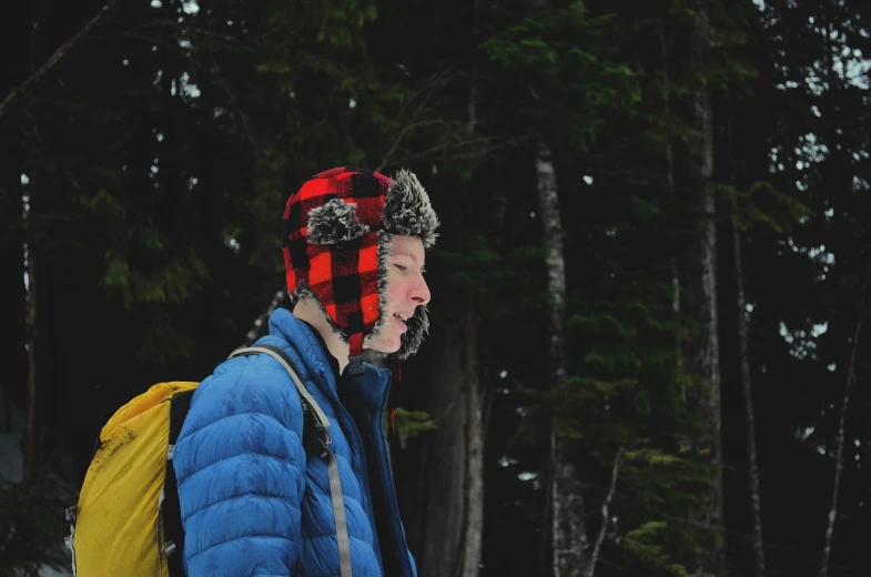 a man with a backpack standing in the snow, lumberjack flannel, face on head shot, wes anderson style, cascadia