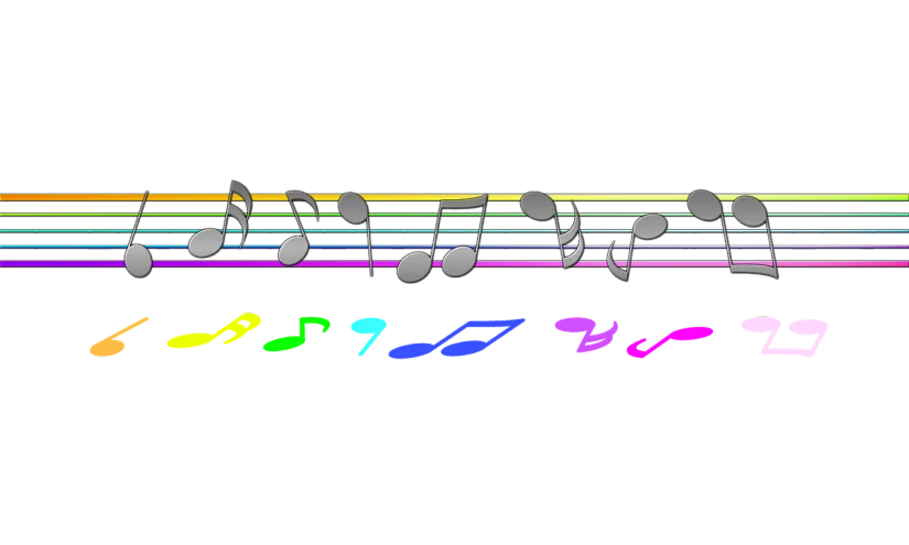 a group of musical notes on a black background, by Tadashi Nakayama, computer art, many colors, on simple background, video, ( ( dithered ) )