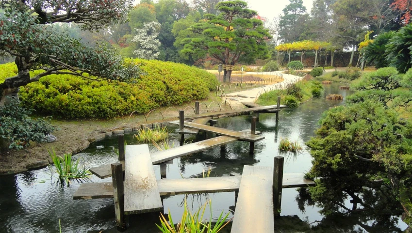 a wooden bridge over a small body of water, inspired by Matsumura Goshun, flickr, melbourne, celestial gardens, with matsu pine trees, loosely cropped