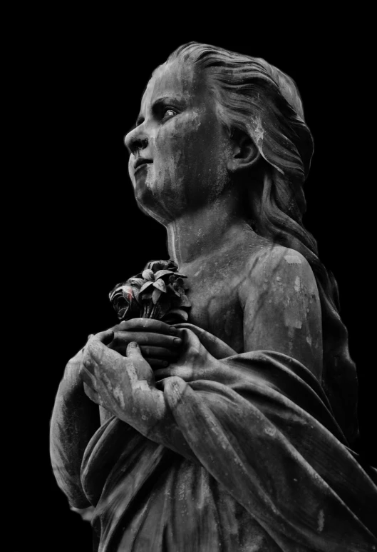 a statue of a woman holding a flower, a statue, by Andor Basch, unsplash, gothic art, gray black white and red noir, realistic 8k bernini sculpture, eternal darkness, high quality image