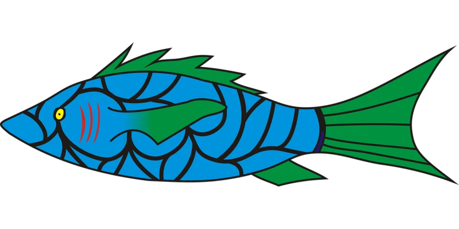 a blue and green fish on a black background, a digital rendering, by Nancy Carline, in the art style of quetzecoatl, banner, logo without text, stained glass
