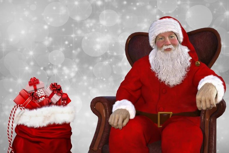 a santa claus sitting in a chair next to a bag of presents, a portrait, pixabay, realism, two old people, wallpaper - 1 0 2 4, wearing! robes!! of silver, kid