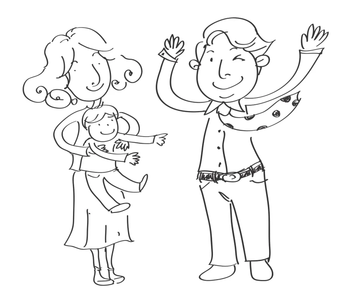 a man standing next to a woman holding a baby, an illustration of, pixabay, figuration libre, waving arms, line art colouring page, commissioned, with a kid