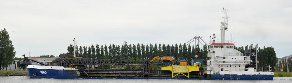 a large blue and white boat in a body of water, gold pipelines, heavy machinery, 1024x1024, budapest