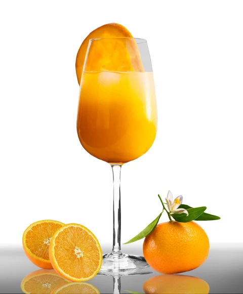 a glass of orange juice next to two oranges, a digital rendering, various posed, official product photo, wineglass, profile pic