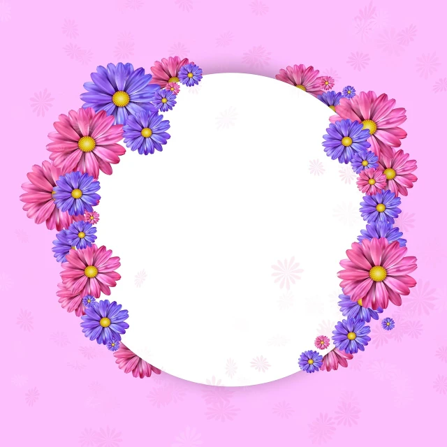 a round frame with flowers on a pink background, background is white and blank, layered paper style, purple and blue colored, daysies