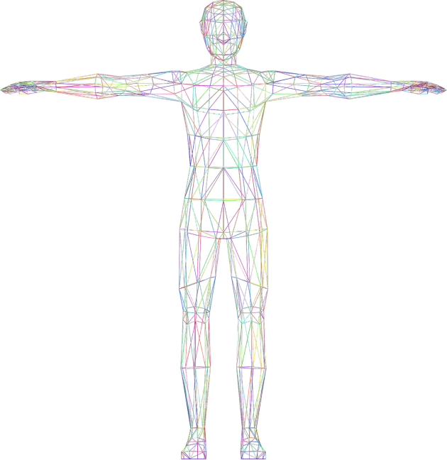 a man that is standing in front of a black background, a raytraced image, holography, the vitruvian man style, rainbow line - art, complex geometry, extra detailed body